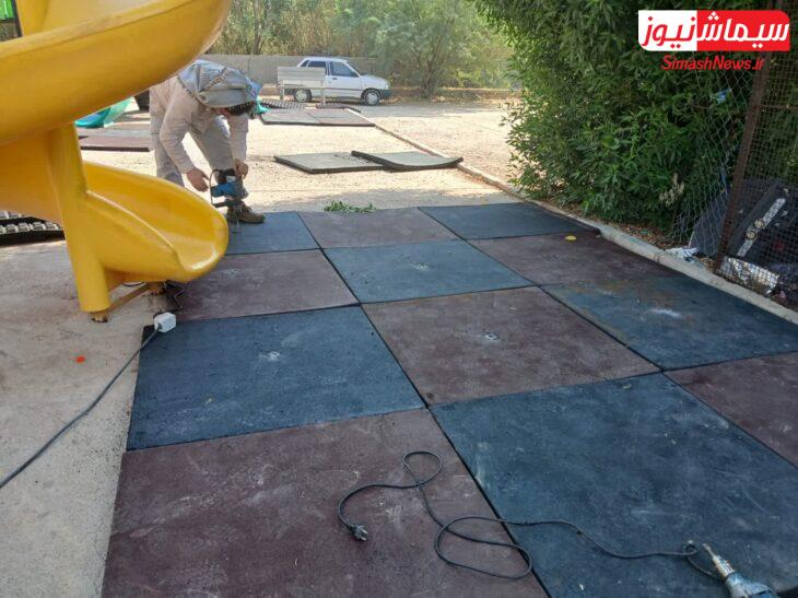 نصب کفپوش جهت ایمن سازی فضای بازی کودکان در پارک ۱۱ هکتاری